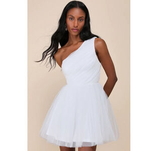 Lulu’s White Exceptional Moments Swiss Dot One Shoulder Tool Mini Dress NEW